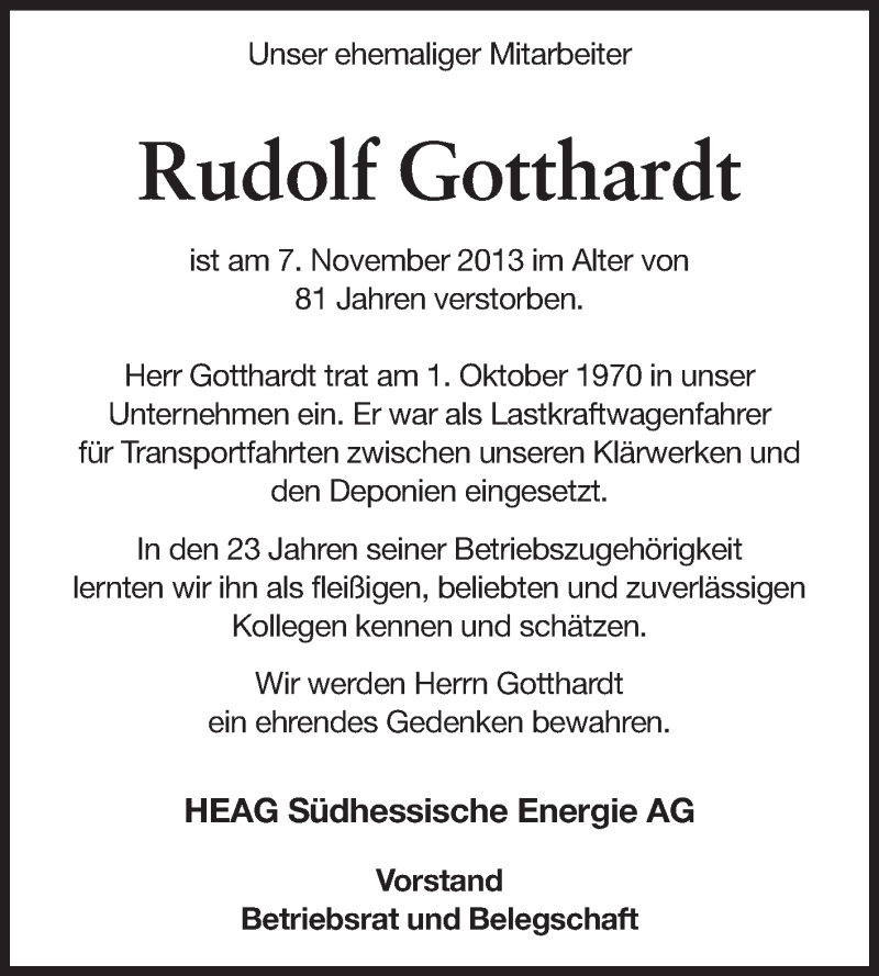  Traueranzeige für Rudolf Gotthardt vom 11.11.2013 aus Echo-Zeitungen (Gesamtausgabe)