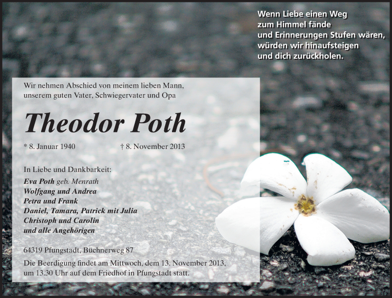  Traueranzeige für Theodor Poth  vom 11.11.2013 aus Echo-Zeitungen (Gesamtausgabe)
