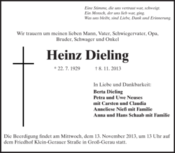 Traueranzeige von Heinz Dieling von Rüsselsheimer Echo, Groß-Gerauer-Echo, Ried Echo