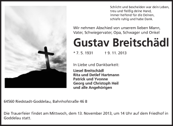 Traueranzeige von Gustav Breitschädl von Rüsselsheimer Echo, Groß-Gerauer-Echo, Ried Echo