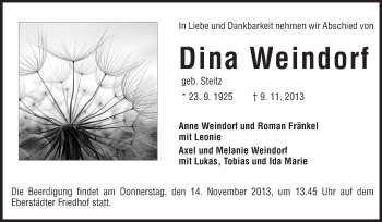 Traueranzeige von Dina Weindorf von Echo-Zeitungen (Gesamtausgabe)