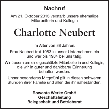Traueranzeige von Charlotte Neubert von Odenwälder Echo