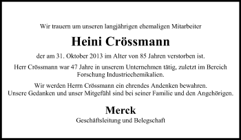 Traueranzeige von Heini Crössmann von Echo-Zeitungen (Gesamtausgabe)