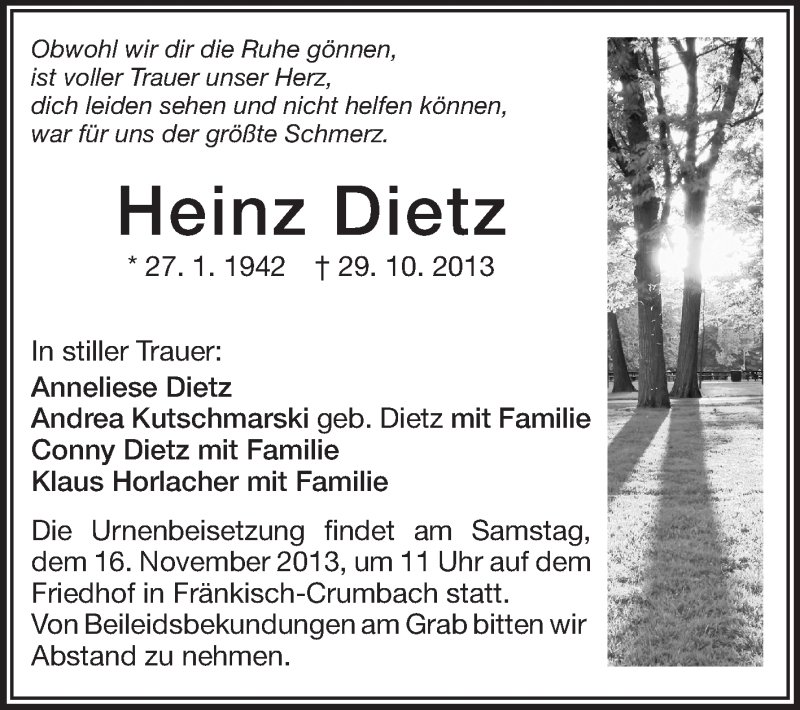 Traueranzeige für Heinz Dietz vom 13.11.2013 aus Odenwälder Echo