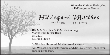 Traueranzeige von Hildegard Matthes von Echo-Zeitungen (Gesamtausgabe)