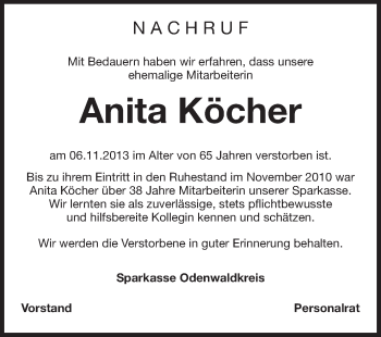 Traueranzeige von Anita Köcher von Odenwälder Echo