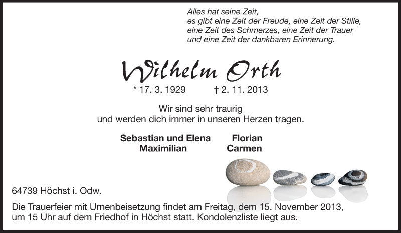  Traueranzeige für Wilhelm Orth vom 12.11.2013 aus Odenwälder Echo