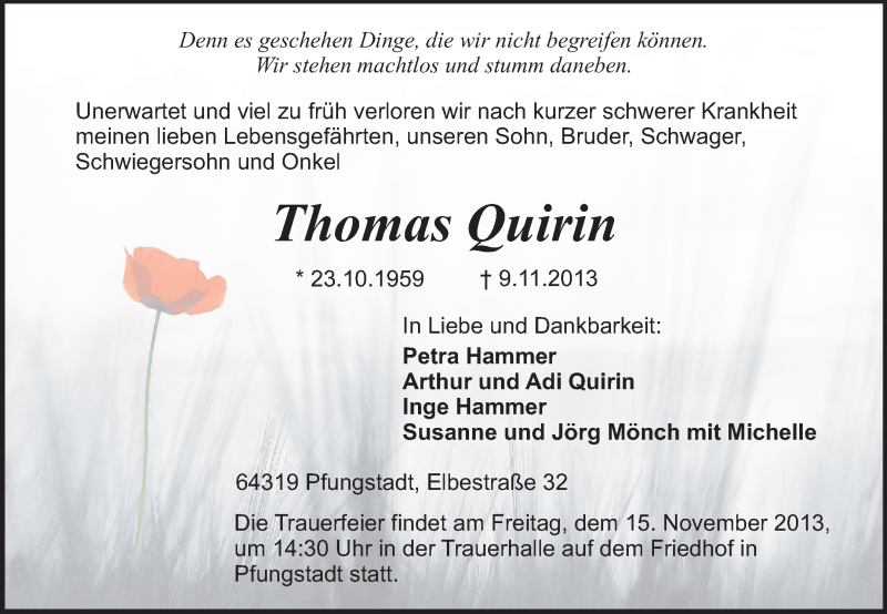  Traueranzeige für Thomas Quirin vom 13.11.2013 aus Echo-Zeitungen (Gesamtausgabe)