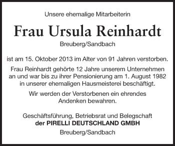 Traueranzeige von Ursula Reinhardt von Odenwälder Echo