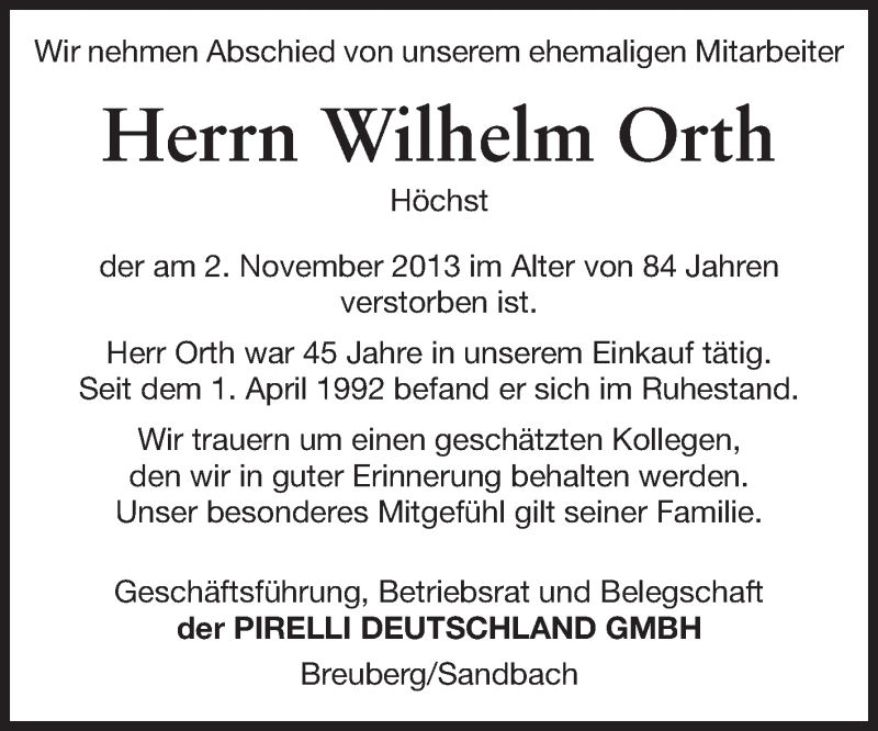  Traueranzeige für Wilhelm Orth vom 15.11.2013 aus Odenwälder Echo