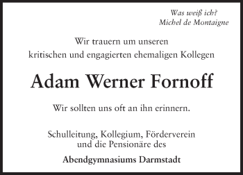 Traueranzeige von Adam Werner Fornoff von Echo-Zeitungen (Gesamtausgabe)