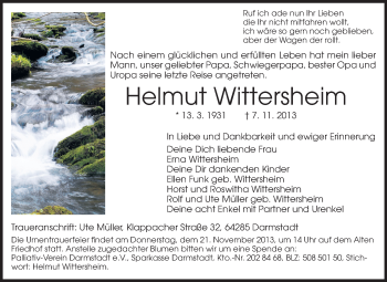 Traueranzeige von Helmut Wittersheim von Echo-Zeitungen (Gesamtausgabe)