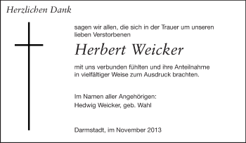 Traueranzeige von Herbert Weicker von Darmstädter Echo, Odenwälder Echo, Rüsselsheimer Echo, Groß-Gerauer-Echo, Ried Echo