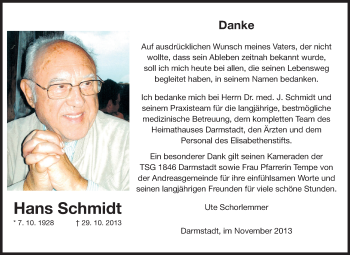 Traueranzeige von Hans Schmidt von Echo-Zeitungen (Gesamtausgabe)