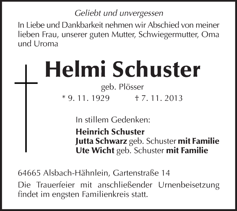  Traueranzeige für Helmi Schuster vom 13.11.2013 aus Echo-Zeitungen (Gesamtausgabe)