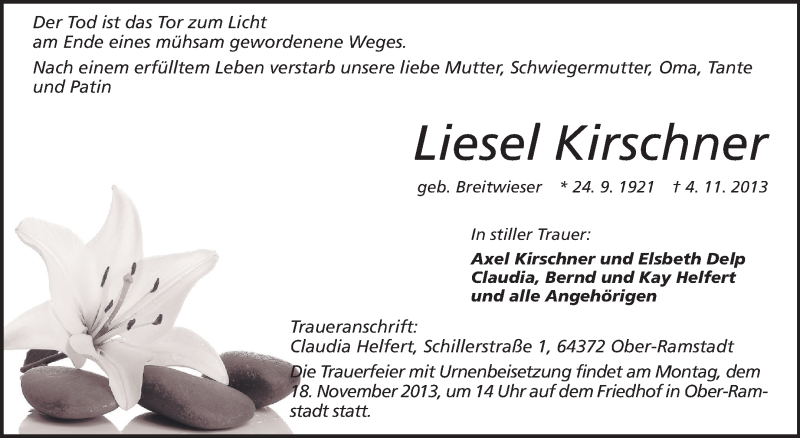  Traueranzeige für Liesel Kirschner vom 13.11.2013 aus Echo-Zeitungen (Gesamtausgabe)