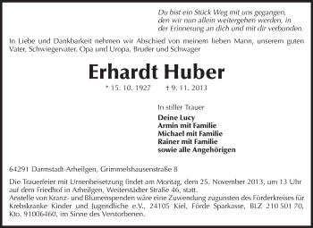 Traueranzeige von Erhardt Huber von Echo-Zeitungen (Gesamtausgabe)