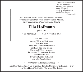 Traueranzeige von Ella Hofmann von Rüsselsheimer Echo, Groß-Gerauer-Echo, Ried Echo