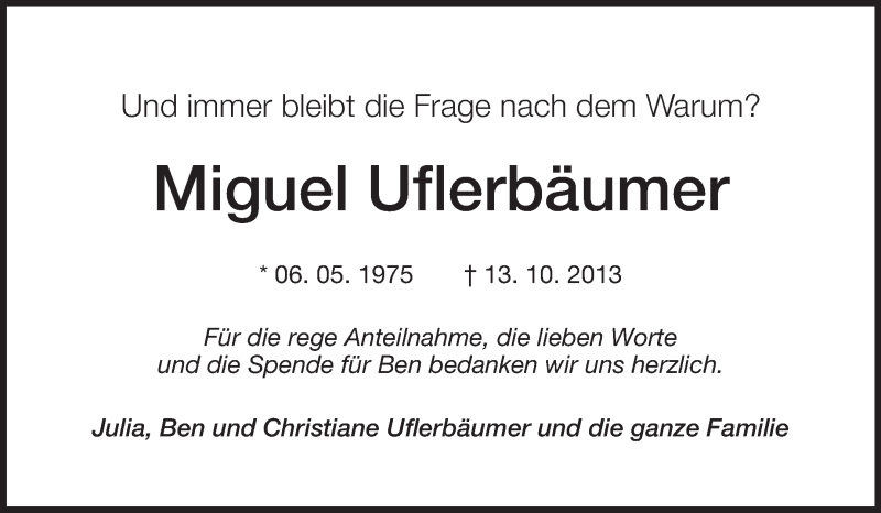  Traueranzeige für Miguel Uflerbäumer vom 16.11.2013 aus Echo-Zeitungen (Gesamtausgabe)