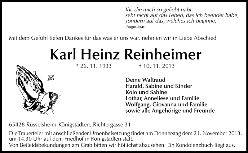  Traueranzeige für Karl Heinz Reinheimer vom 16.11.2013 aus Rüsselsheimer Echo, Groß-Gerauer-Echo, Ried Echo