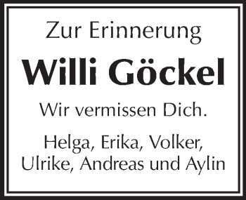 Traueranzeige von Willi Göckel von Echo-Zeitungen (Gesamtausgabe)