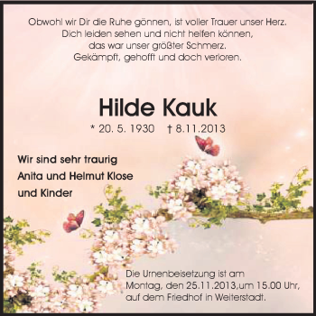 Traueranzeige von Hilde Kauk von Echo-Zeitungen (Gesamtausgabe)