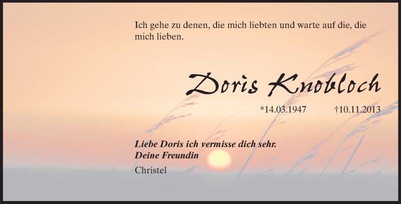  Traueranzeige für Doris Knobloch vom 16.11.2013 aus Echo-Zeitungen (Gesamtausgabe)