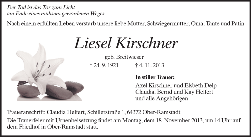  Traueranzeige für Liesel Kirschner vom 14.11.2013 aus Echo-Zeitungen (Gesamtausgabe)
