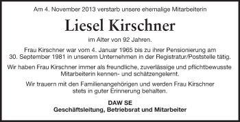 Traueranzeige von Liesel Kirschner von Echo-Zeitungen (Gesamtausgabe)