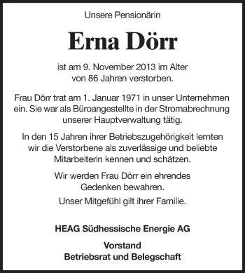 Traueranzeige von Erna Dörr von Echo-Zeitungen (Gesamtausgabe)