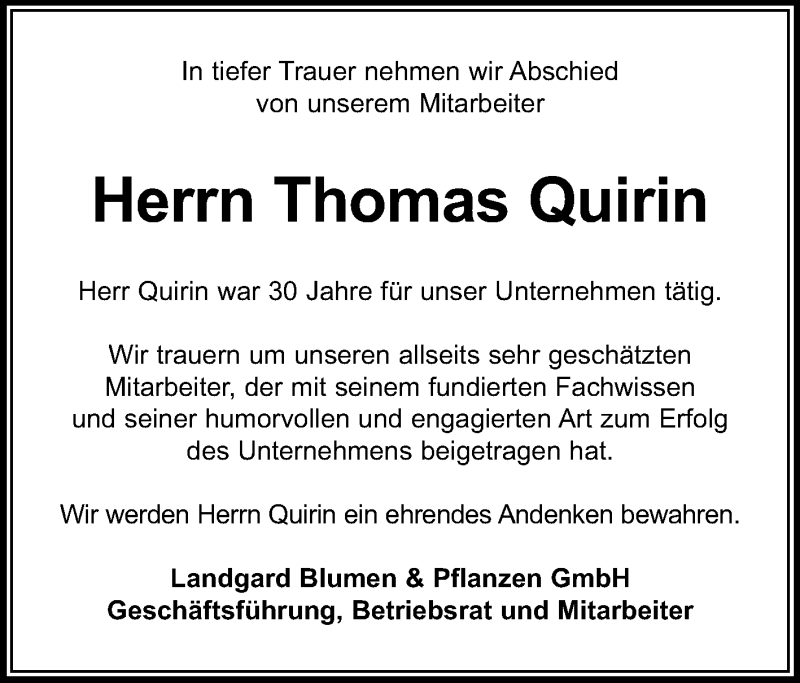  Traueranzeige für Thomas Quirin vom 15.11.2013 aus Echo-Zeitungen (Gesamtausgabe)
