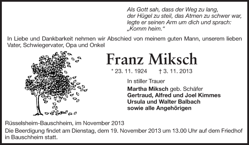  Traueranzeige für Franz Miksch vom 16.11.2013 aus Echo-Zeitungen (Gesamtausgabe)