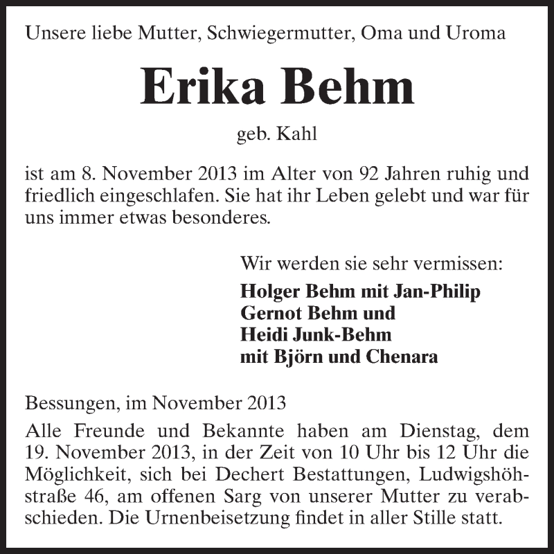 Traueranzeige für Erika Behm vom 16.11.2013 aus Echo-Zeitungen (Gesamtausgabe)