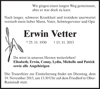 Traueranzeige von Erwin Vetter von Echo-Zeitungen (Gesamtausgabe)
