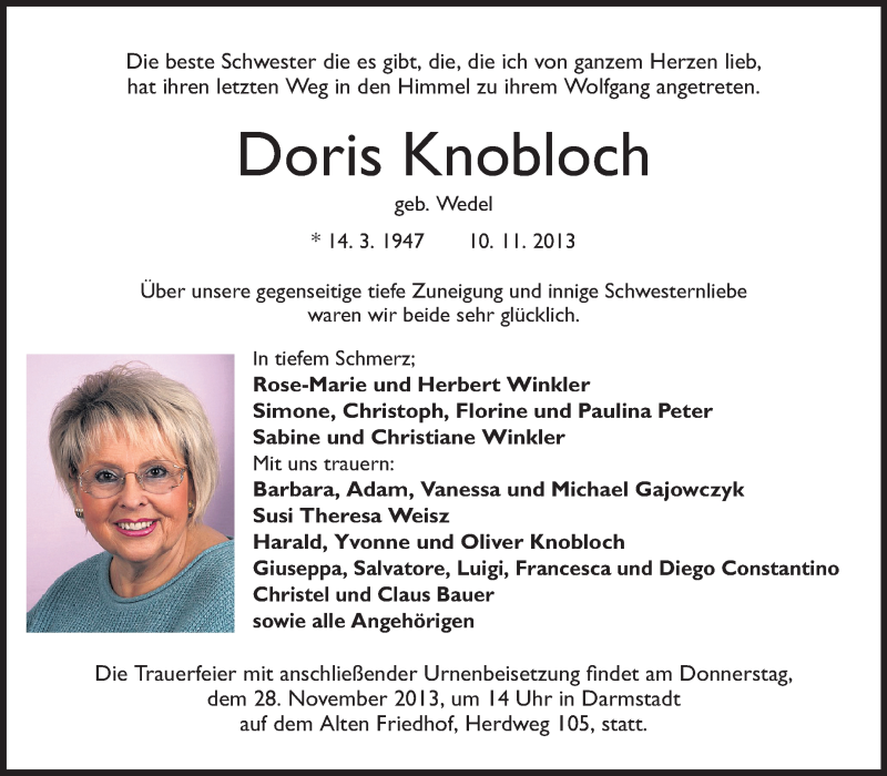 Traueranzeige für Doris Knobloch vom 16.11.2013 aus Echo-Zeitungen (Gesamtausgabe)