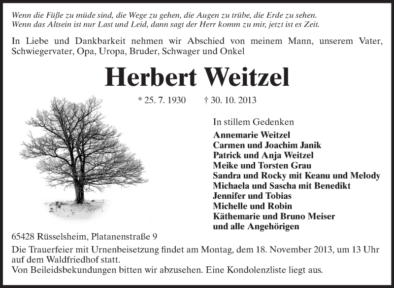  Traueranzeige für Annemarie Weitzel vom 15.11.2013 aus Rüsselsheimer Echo, Groß-Gerauer-Echo, Ried Echo