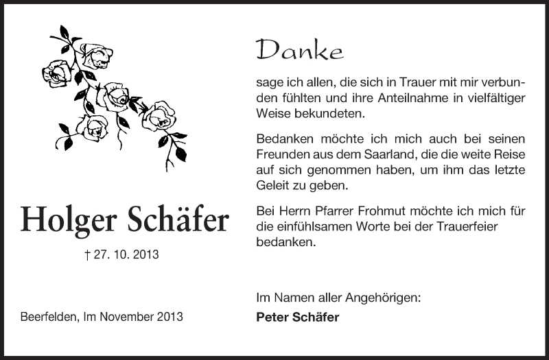  Traueranzeige für Holger Schäfer vom 16.11.2013 aus Odenwälder Echo