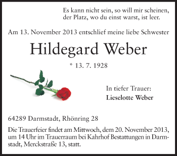 Traueranzeige von Hildegard Weber von Echo-Zeitungen (Gesamtausgabe)