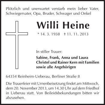 Traueranzeige von Willi Heine von Darmstädter Echo, Odenwälder Echo, Rüsselsheimer Echo, Groß-Gerauer-Echo, Ried Echo