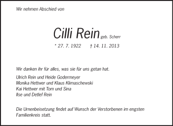 Traueranzeige von Cäcilia Rein von Rüsselsheimer Echo, Groß-Gerauer-Echo, Ried Echo