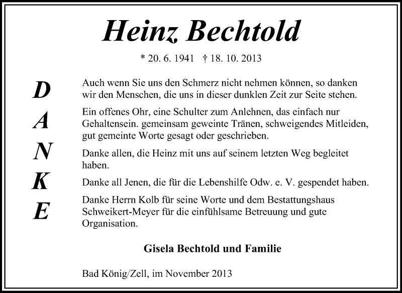  Traueranzeige für Heinz Bechtold vom 16.11.2013 aus Odenwälder Echo