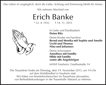 Traueranzeige von Erich Banke von Rüsselsheimer Echo, Groß-Gerauer-Echo, Ried Echo