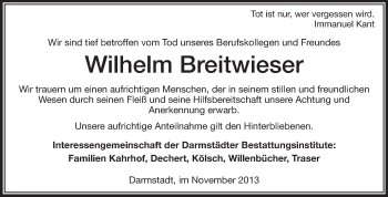 Traueranzeige von Wilhelm Breitwieser von Echo-Zeitungen (Gesamtausgabe)