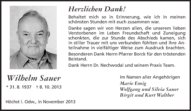  Traueranzeige für Wilhelm Sauer vom 16.11.2013 aus Echo-Zeitungen (Gesamtausgabe)