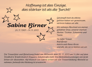 Traueranzeige von Sabine Birner von Odenwälder Echo