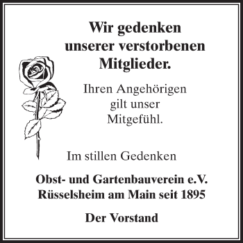 Traueranzeige von Obst- und Gartenbauverein eV Rüsselsheim am Main seit 1895 gedenkt von Rüsselsheimer Echo, Groß-Gerauer-Echo, Ried Echo
