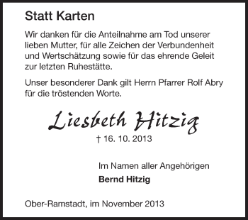 Traueranzeige von Liesbeth Hitzig von Darmstädter Echo, Odenwälder Echo, Rüsselsheimer Echo, Groß-Gerauer-Echo, Ried Echo
