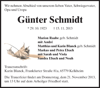 Traueranzeige von Günter Schmidt von Echo-Zeitungen (Gesamtausgabe)