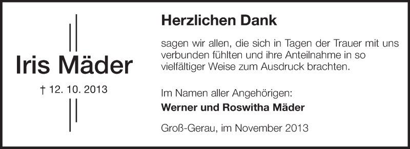  Traueranzeige für Iris Mäder vom 19.11.2013 aus Rüsselsheimer Echo, Groß-Gerauer-Echo, Ried Echo