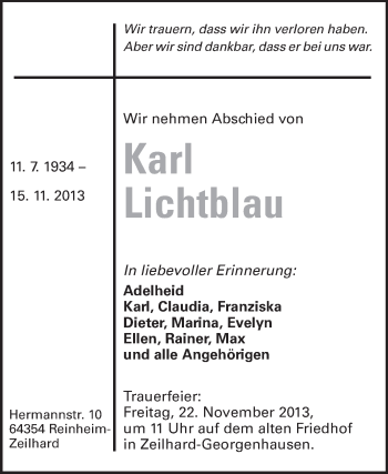 Traueranzeige von Karl Lichtblau von Echo-Zeitungen (Gesamtausgabe)